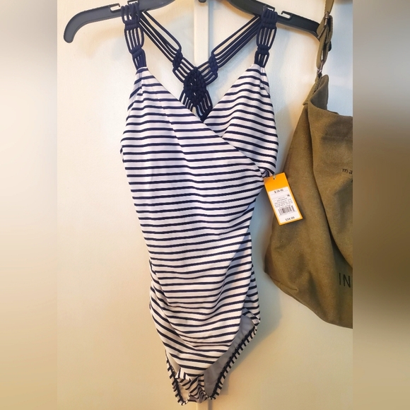 WOMANS BLUE & WHITE STRIPED ONE-PIECE BATHING SUIT - SIZE S (4-6) - Picture 1 of 5